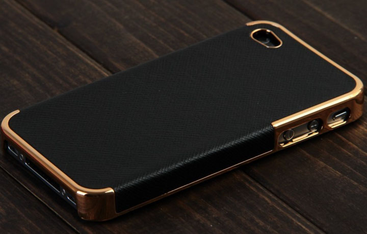  New Black&Gold Deluxe Chrome Leather Case Cover for iPhone 4&4S+Screen Protector