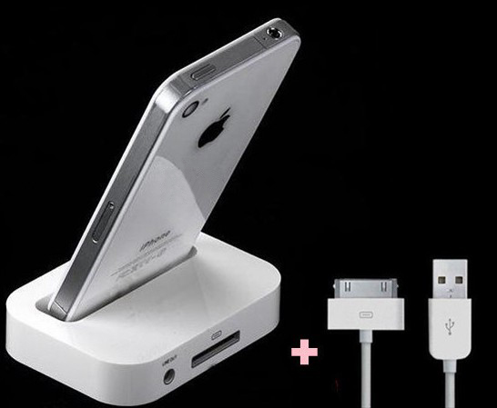 Batería ordenador portátil White Dock Sync Charger Charging Station For iPhone 4/4S/4G + USB Data Cable