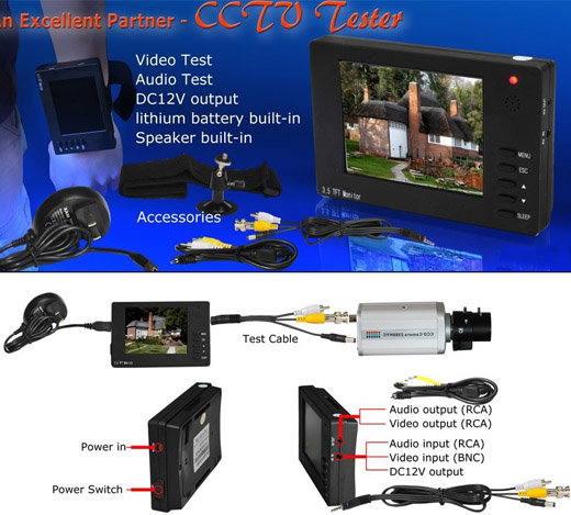 Batería ordenador portátil 3.5" CCTV Camera Tester TFT Monitor,Audio Input/Output